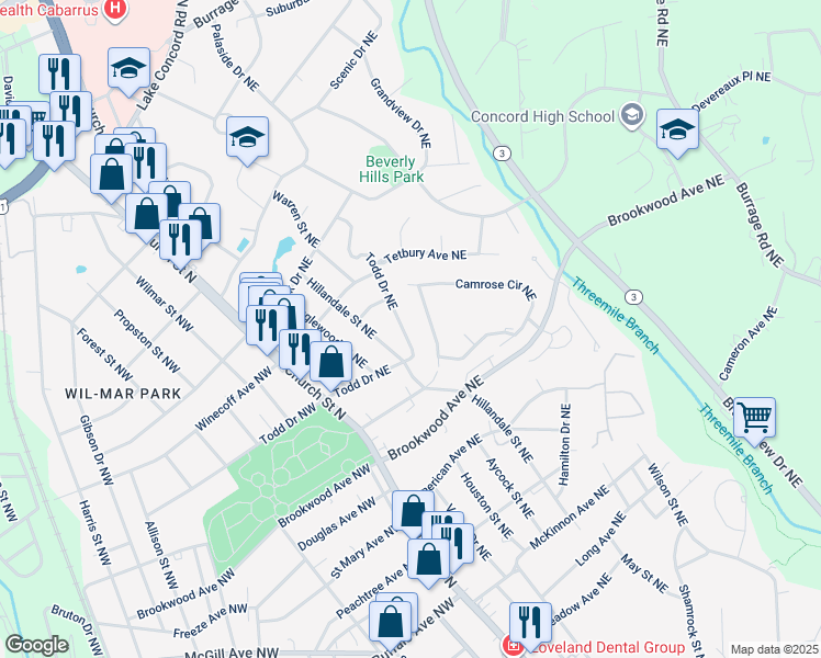 map of restaurants, bars, coffee shops, grocery stores, and more near 510 Todd Drive Northeast in Concord