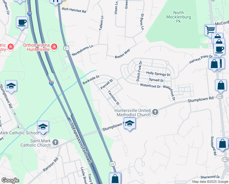 map of restaurants, bars, coffee shops, grocery stores, and more near 9635 Denbolme Street in Huntersville