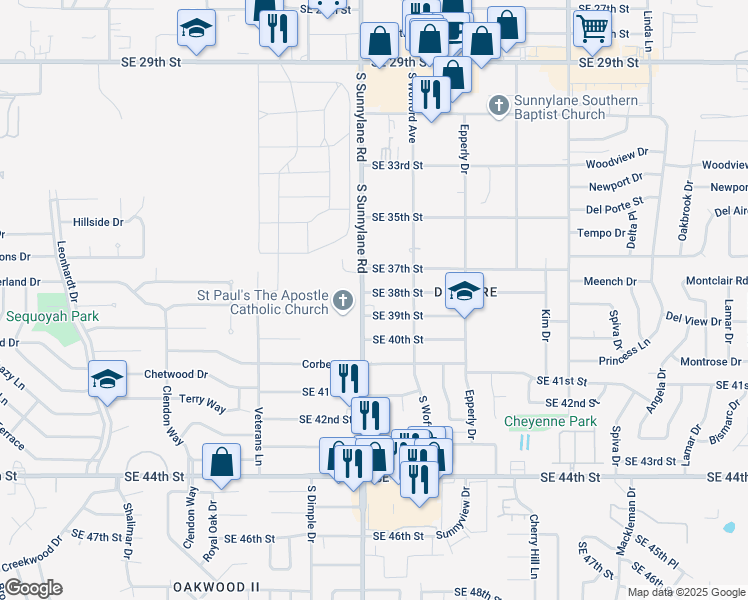 map of restaurants, bars, coffee shops, grocery stores, and more near 4300 Southeast 38th Street in Del City