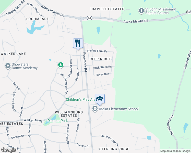 map of restaurants, bars, coffee shops, grocery stores, and more near 145 Hayes Run in Atoka