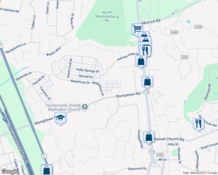 map of restaurants, bars, coffee shops, grocery stores, and more near 15418 Goodwood St in Huntersville