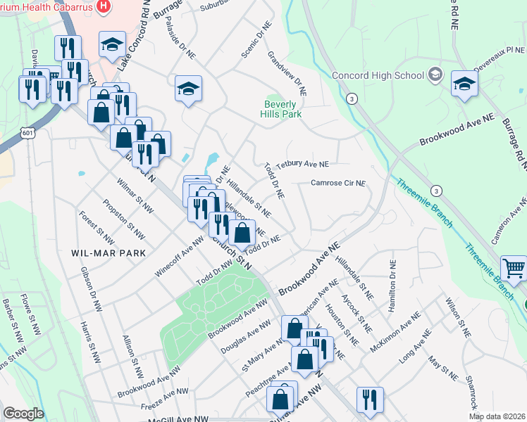 map of restaurants, bars, coffee shops, grocery stores, and more near 538 Hillandale Street Northeast in Concord