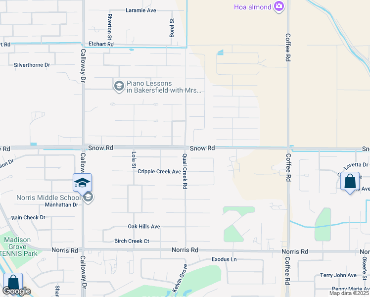 map of restaurants, bars, coffee shops, grocery stores, and more near Quail Creek Road in Shafter