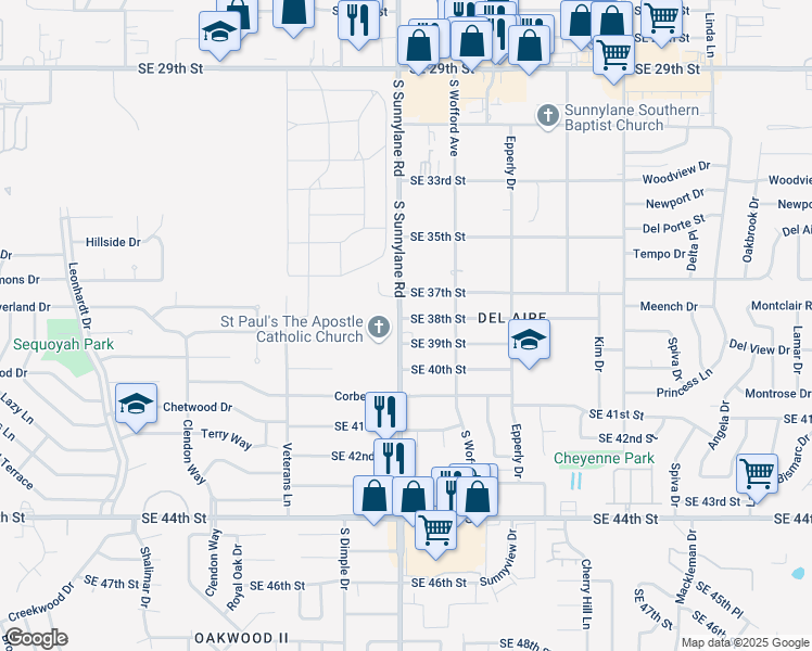 map of restaurants, bars, coffee shops, grocery stores, and more near 4300 Southeast 38th Street in Del City