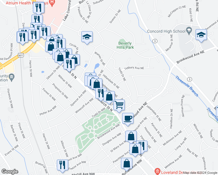 map of restaurants, bars, coffee shops, grocery stores, and more near 568 Englewood Street Northeast in Concord