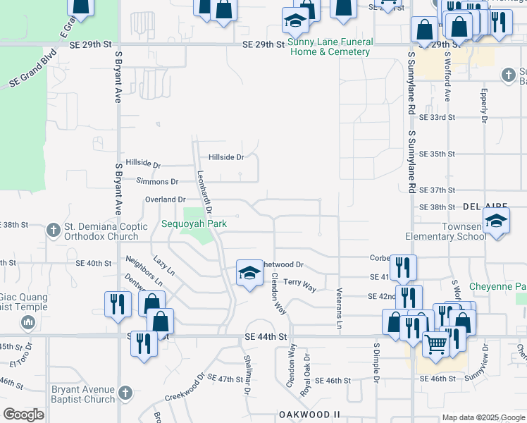 map of restaurants, bars, coffee shops, grocery stores, and more near 3605 Overland Drive in Del City