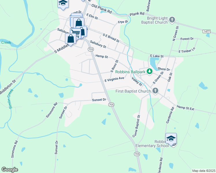 map of restaurants, bars, coffee shops, grocery stores, and more near 470 North Carolina 705 in Robbins