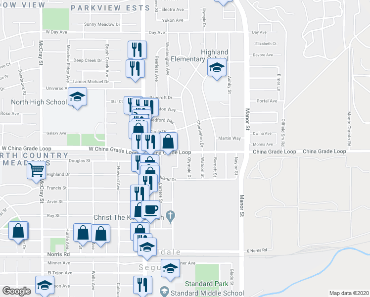 map of restaurants, bars, coffee shops, grocery stores, and more near 2301 Olympic Drive in Bakersfield