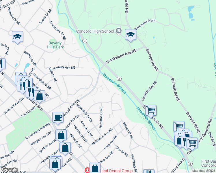 map of restaurants, bars, coffee shops, grocery stores, and more near 260 Brookwood Avenue Northeast in Concord