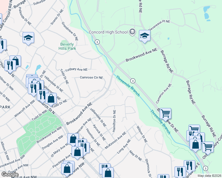 map of restaurants, bars, coffee shops, grocery stores, and more near 410 Wyndham Place Northeast in Concord