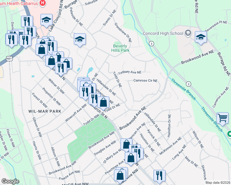 map of restaurants, bars, coffee shops, grocery stores, and more near 538 Hillandale Street Northeast in Concord