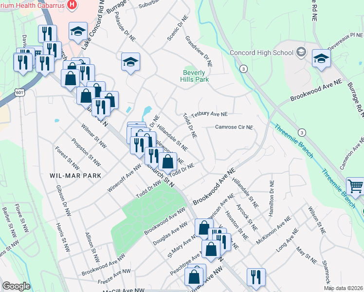 map of restaurants, bars, coffee shops, grocery stores, and more near 538 Hillandale Street Northeast in Concord