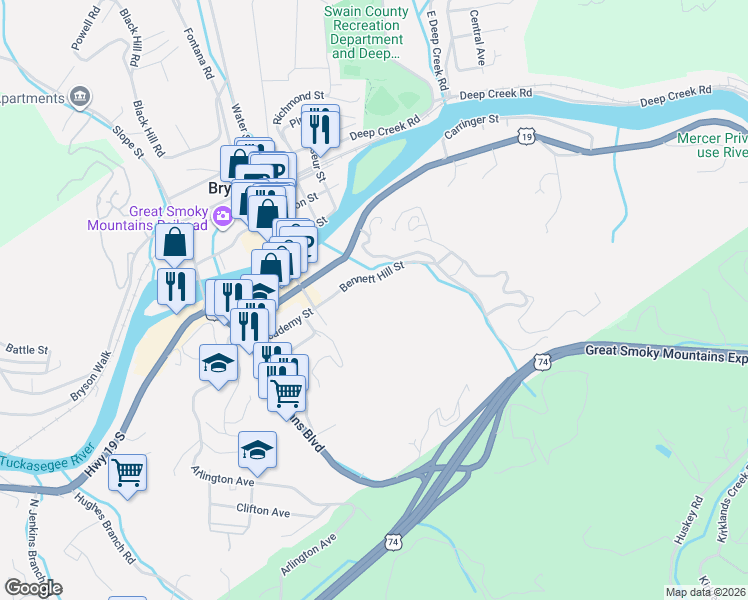 map of restaurants, bars, coffee shops, grocery stores, and more near 450 Bennett Hill Street in Bryson City