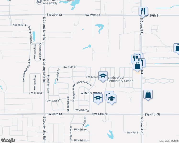 map of restaurants, bars, coffee shops, grocery stores, and more near 3713 Windgate East in Oklahoma City
