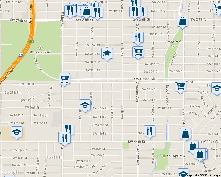 map of restaurants, bars, coffee shops, grocery stores, and more near 3815 South Villa Place in Oklahoma City