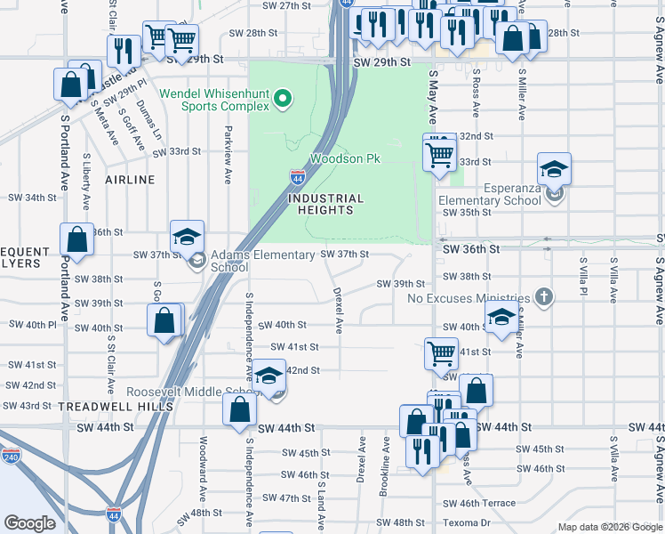 map of restaurants, bars, coffee shops, grocery stores, and more near 3816 Drexel Avenue in Oklahoma City