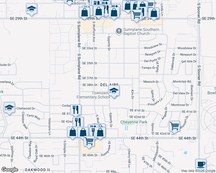map of restaurants, bars, coffee shops, grocery stores, and more near 4432 Southeast 38th Street in Del City
