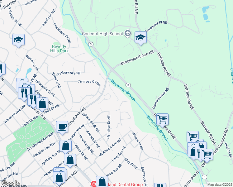 map of restaurants, bars, coffee shops, grocery stores, and more near 260 Brookwood Avenue Northeast in Concord