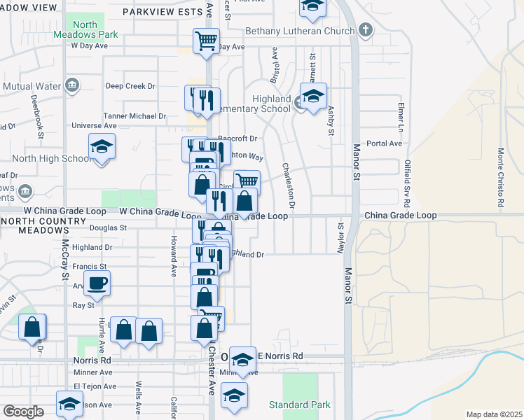 map of restaurants, bars, coffee shops, grocery stores, and more near 216 Bedford Way in Bakersfield