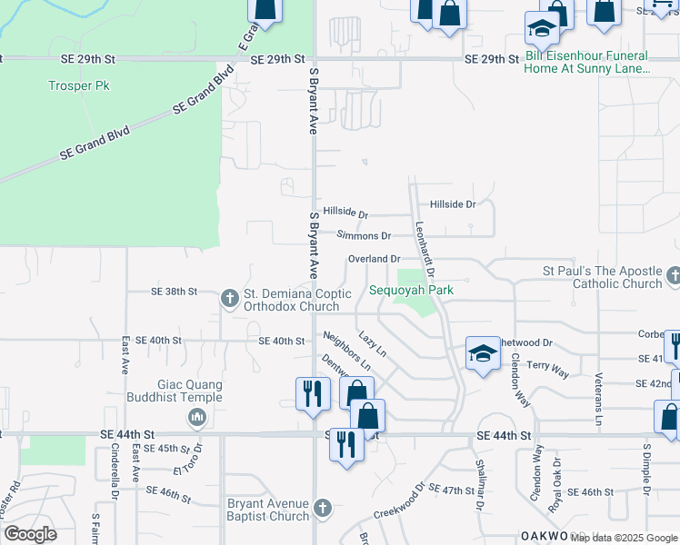 map of restaurants, bars, coffee shops, grocery stores, and more near 3029 Overland Drive in Del City