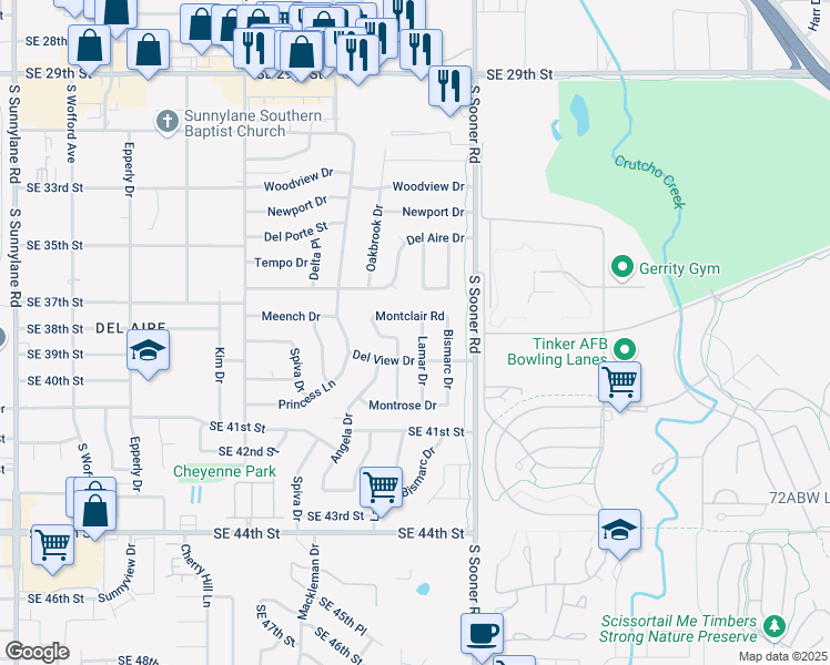 map of restaurants, bars, coffee shops, grocery stores, and more near 3916 Oakbrook Drive in Del City