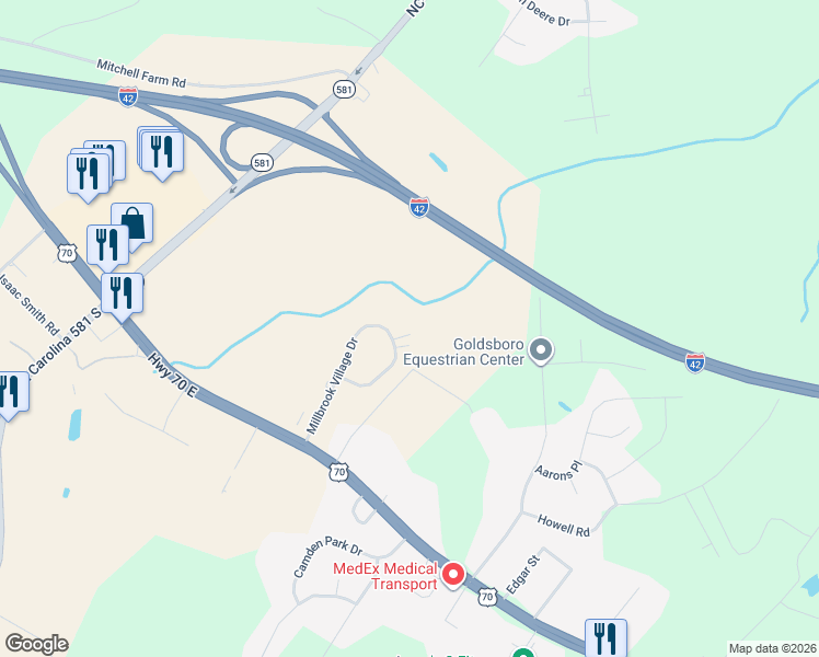 map of restaurants, bars, coffee shops, grocery stores, and more near 208 Millbrook Village in Goldsboro