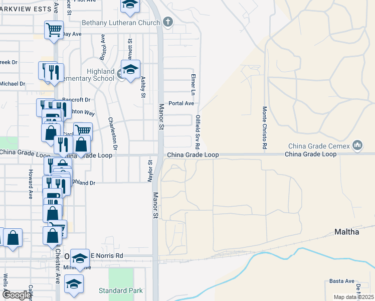 map of restaurants, bars, coffee shops, grocery stores, and more near 1009 Monna Avenue in Bakersfield