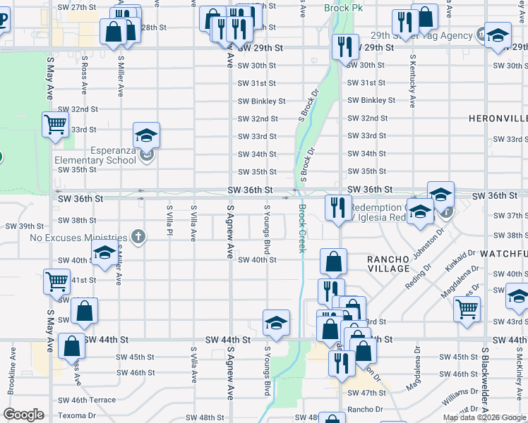map of restaurants, bars, coffee shops, grocery stores, and more near 2301 Southwest 38th Street in Oklahoma City