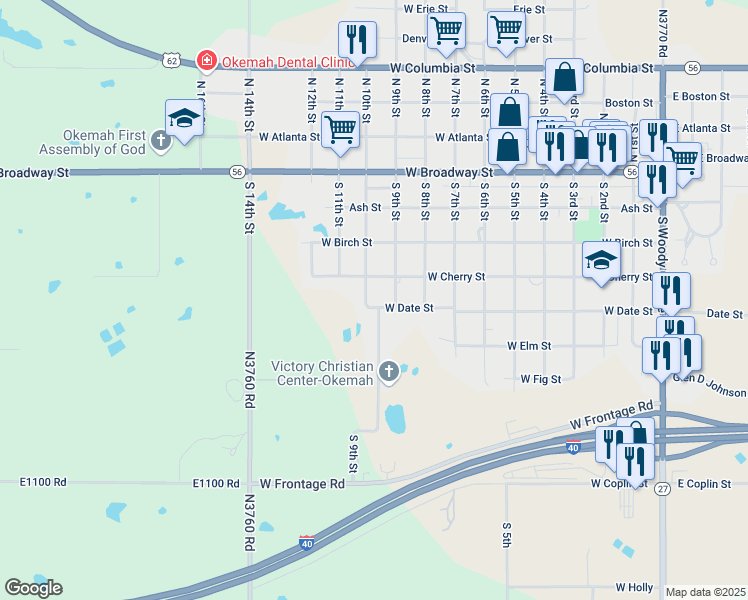 map of restaurants, bars, coffee shops, grocery stores, and more near 910 West Date Street in Okemah