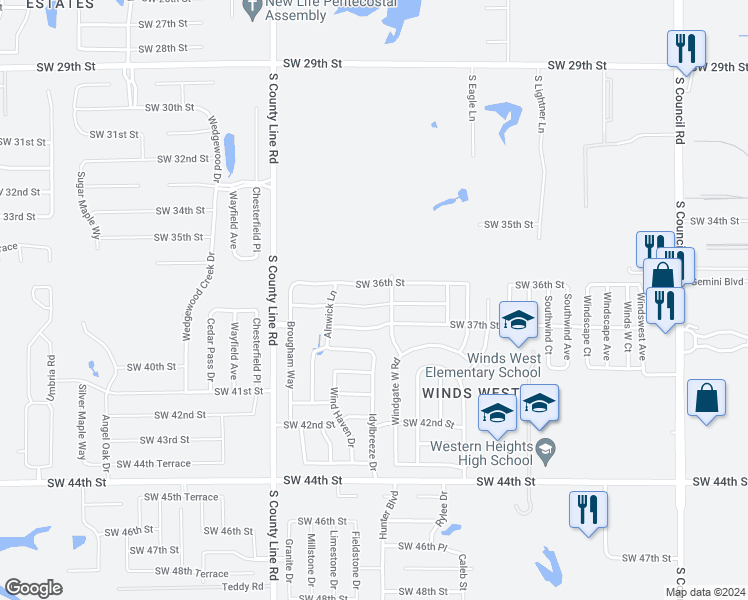 map of restaurants, bars, coffee shops, grocery stores, and more near 8613 Southwest 36 Terrace in Oklahoma City