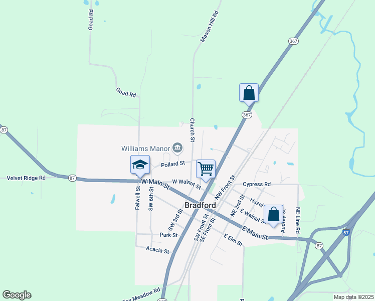 map of restaurants, bars, coffee shops, grocery stores, and more near 413 Church Street in Bradford
