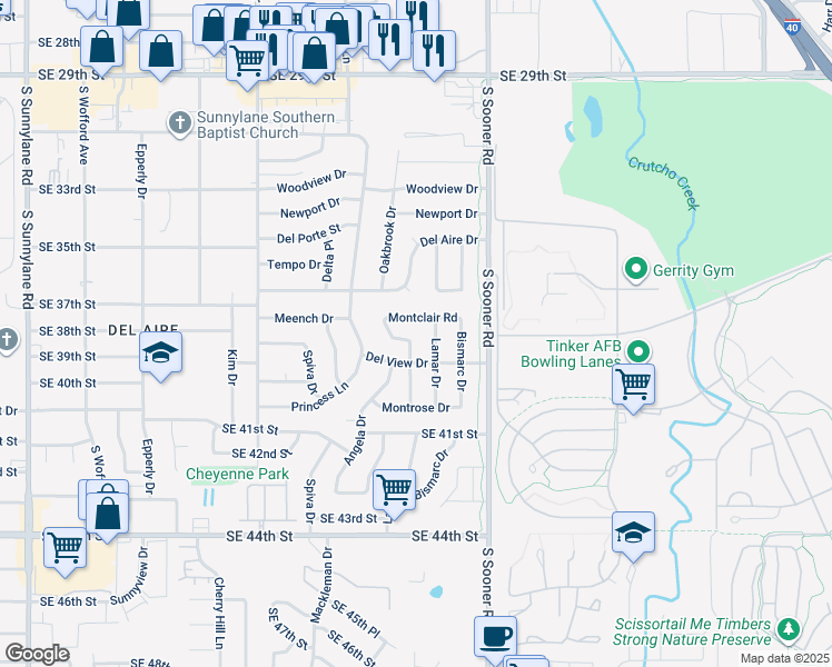 map of restaurants, bars, coffee shops, grocery stores, and more near 3916 Oakbrook Dr in Del City
