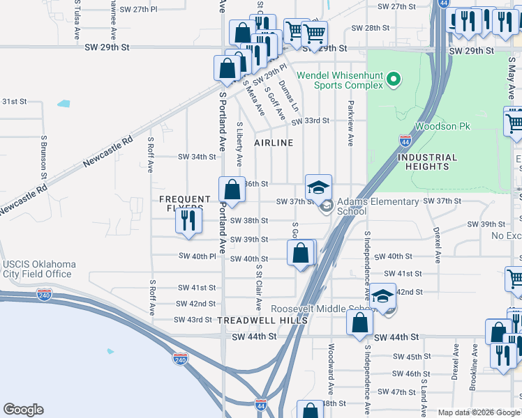 map of restaurants, bars, coffee shops, grocery stores, and more near 3804 South Saint Clair Avenue in Oklahoma City