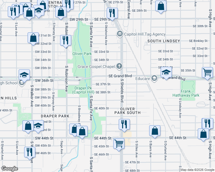map of restaurants, bars, coffee shops, grocery stores, and more near 44 Southeast 37th Street in Oklahoma City