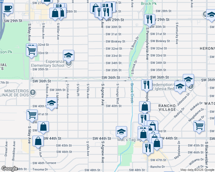 map of restaurants, bars, coffee shops, grocery stores, and more near 2333 Southwest 38th Street in Oklahoma City