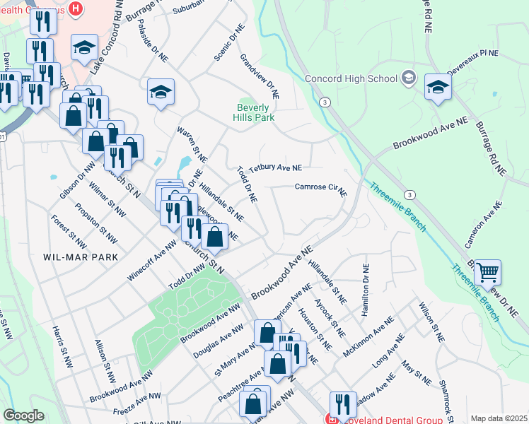 map of restaurants, bars, coffee shops, grocery stores, and more near 514 Todd Drive Northeast in Concord