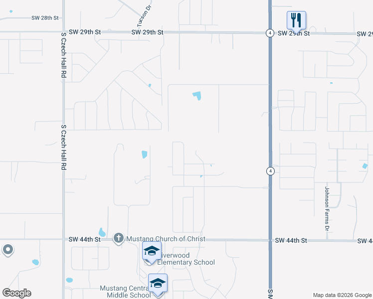 map of restaurants, bars, coffee shops, grocery stores, and more near 3822 Janet Circle in Mustang