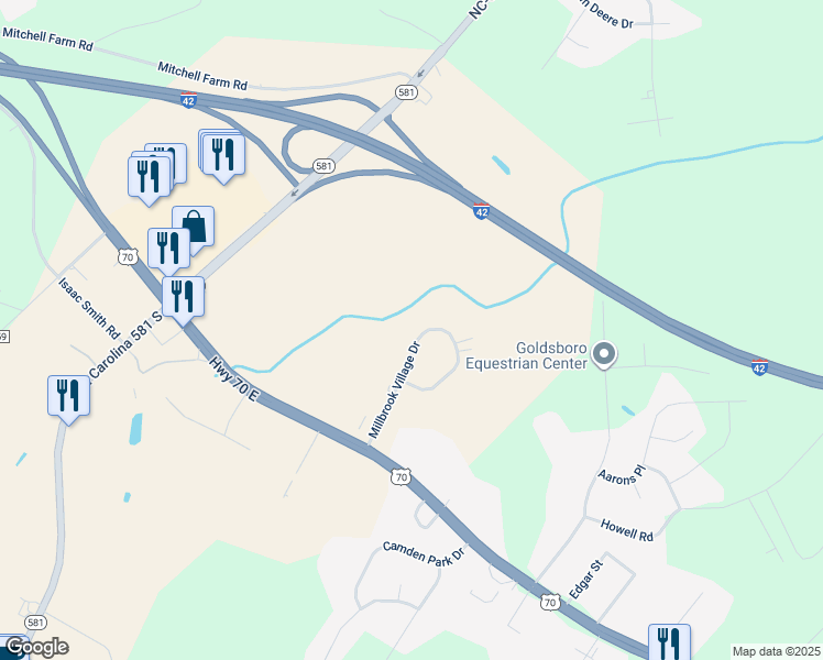 map of restaurants, bars, coffee shops, grocery stores, and more near 209 Millbrook Village Drive in Goldsboro
