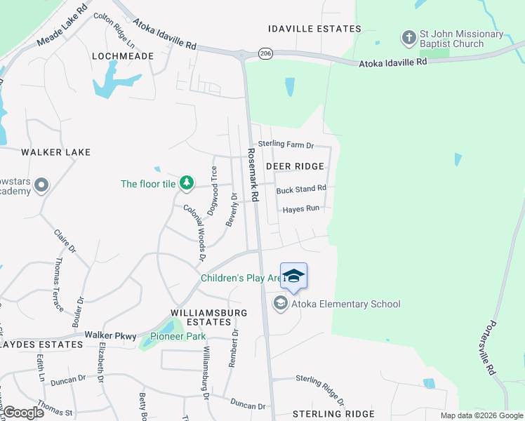 map of restaurants, bars, coffee shops, grocery stores, and more near 538 Rosemark Road in Atoka