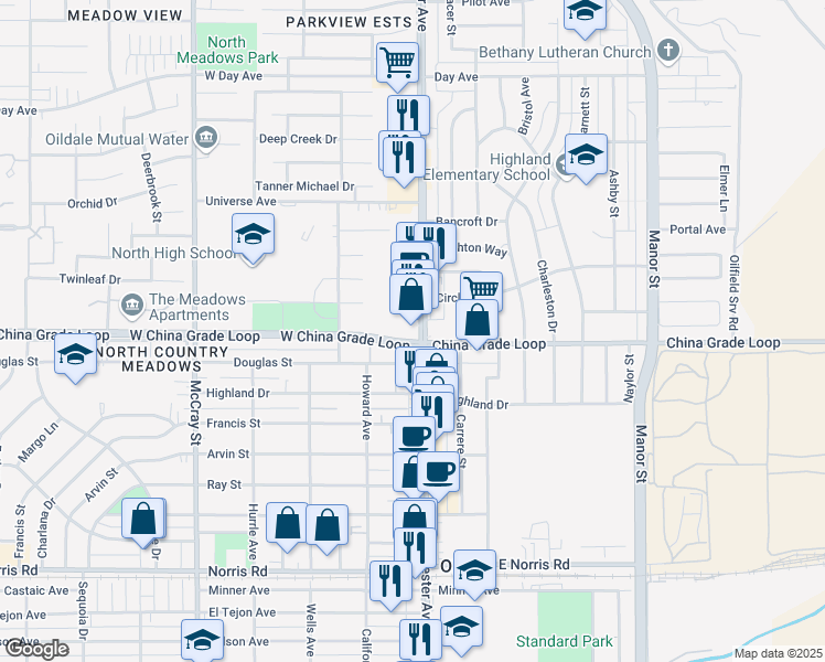 map of restaurants, bars, coffee shops, grocery stores, and more near 2345 North Chester Avenue in Bakersfield