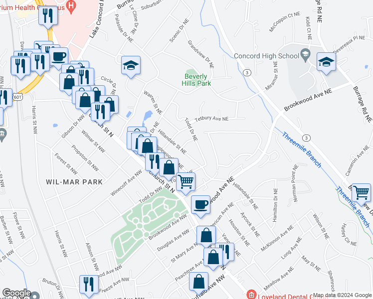 map of restaurants, bars, coffee shops, grocery stores, and more near 538 Hillandale Street Northeast in Concord