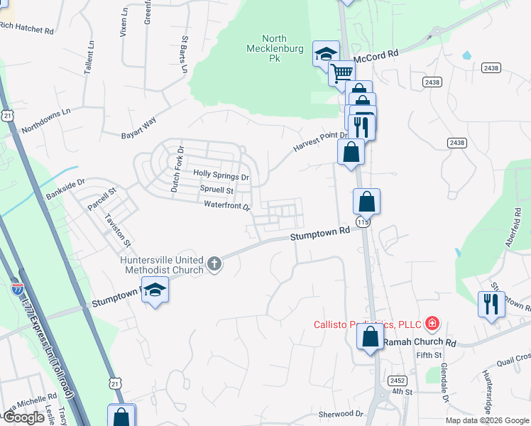 map of restaurants, bars, coffee shops, grocery stores, and more near 15418 Goodwood Street in Huntersville