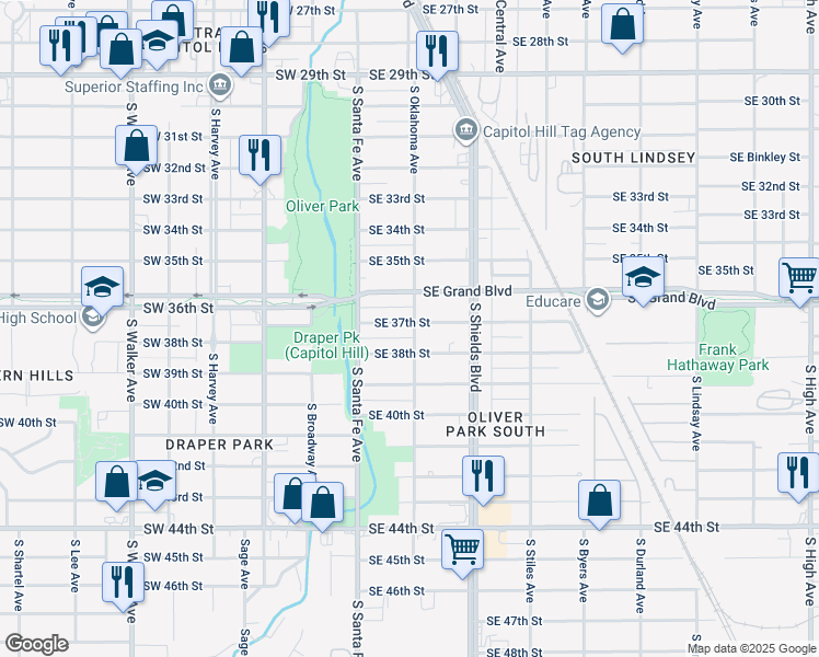 map of restaurants, bars, coffee shops, grocery stores, and more near 44 Southeast 37th Street in Oklahoma City