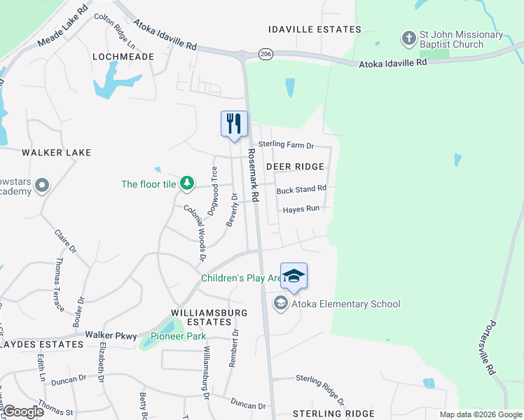 map of restaurants, bars, coffee shops, grocery stores, and more near 538 Rosemark Road in Atoka