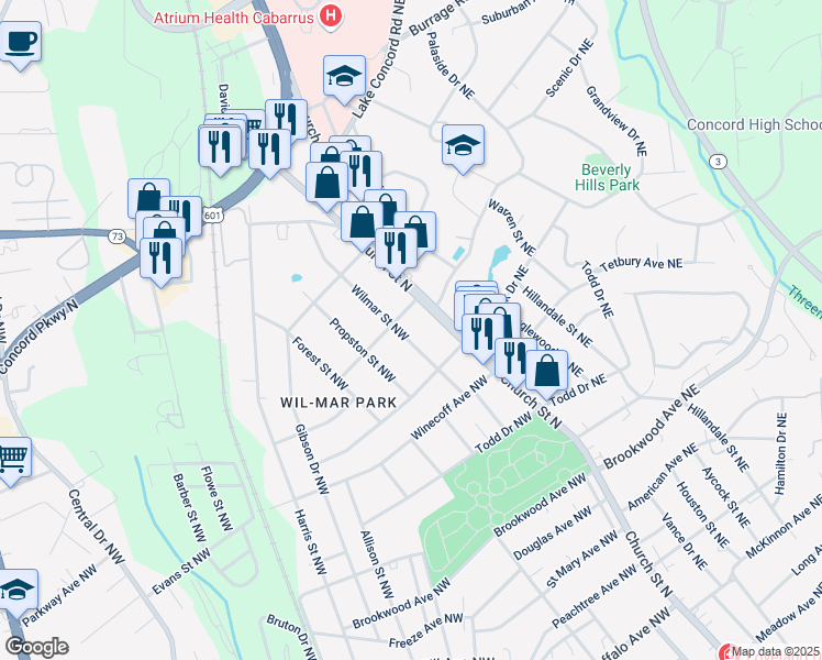 map of restaurants, bars, coffee shops, grocery stores, and more near 662 Wilmar Street Northwest in Concord