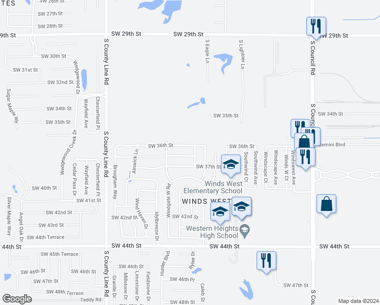 map of restaurants, bars, coffee shops, grocery stores, and more near 8505 Southwest 36 Terrace in Oklahoma City