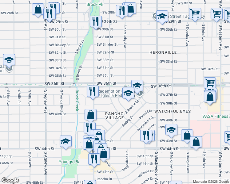map of restaurants, bars, coffee shops, grocery stores, and more near 1528 Southwest 37th Street in Oklahoma City