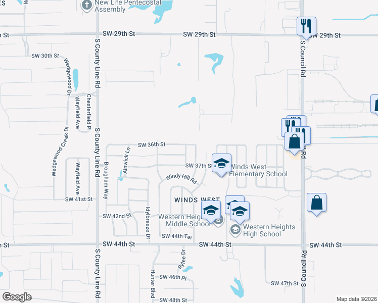 map of restaurants, bars, coffee shops, grocery stores, and more near 3713 Windgate East in Oklahoma City