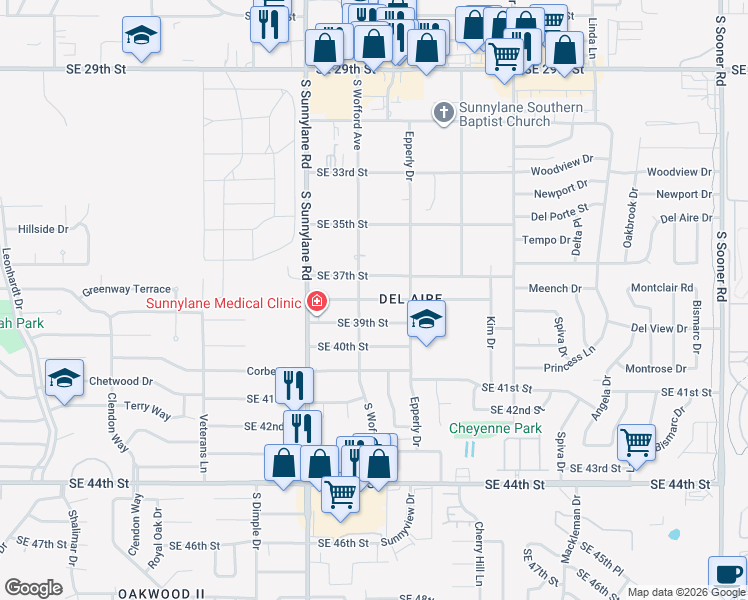 map of restaurants, bars, coffee shops, grocery stores, and more near 4408 Southeast 38th Street in Del City