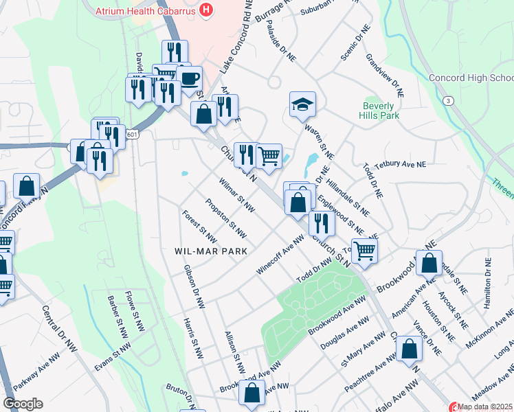 map of restaurants, bars, coffee shops, grocery stores, and more near 662 Wilmar Street Northwest in Concord
